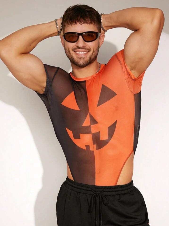 BONGA BOYS Men's Sexy Contrast Color Splicing Printed Mesh See-Through Bodysuit